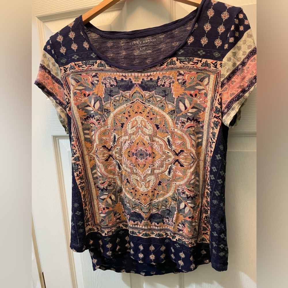 Lucky Brand Navy and Paisley print Large top